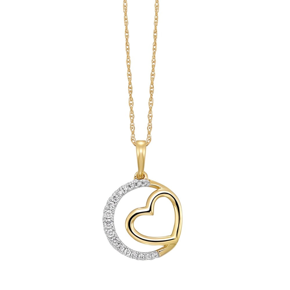 front view of 10ky and diamond heart and circle pendant.