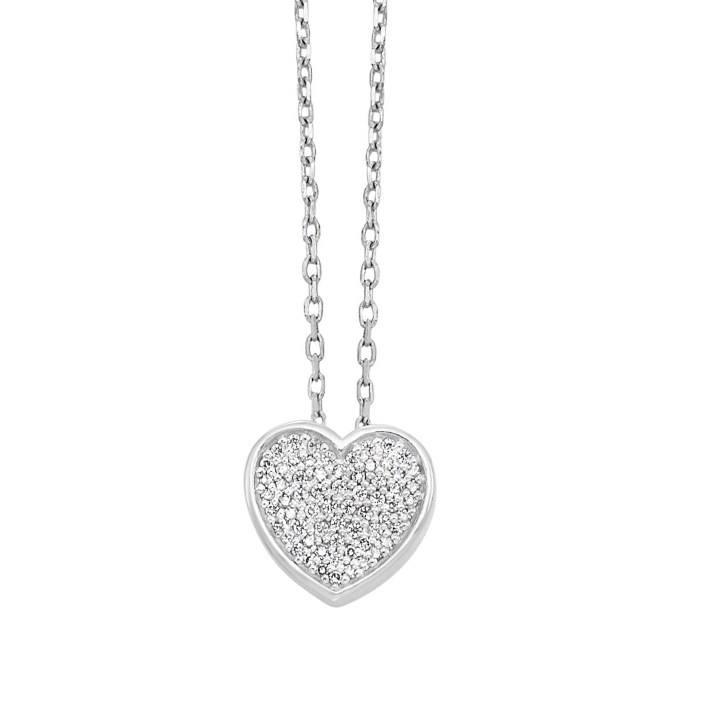 front view of sterling silver and diamond heart shaped pendant.