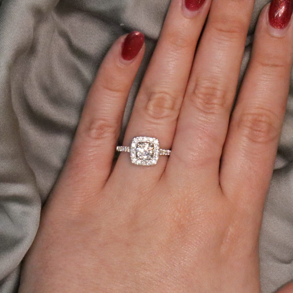 Round Center Cushion Halo Lab Grown Diamond Engagement Ring on Model