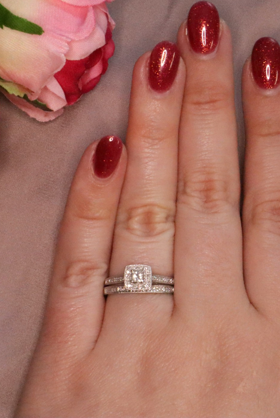 Princess Cut Halo Style Engagement Ring with Matching Band on Model