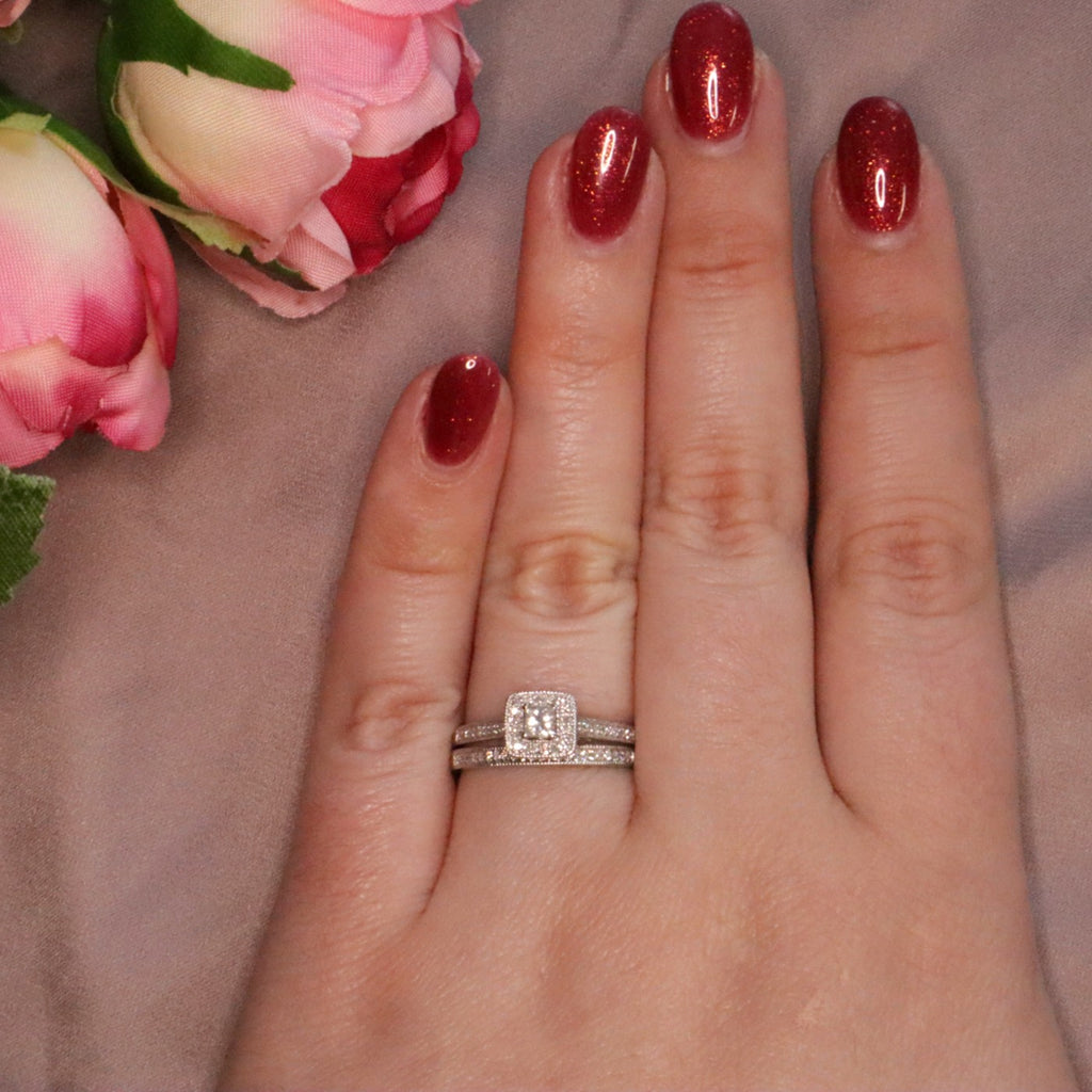 Princess Cut Halo Style Engagement Ring with Matching Band on Model