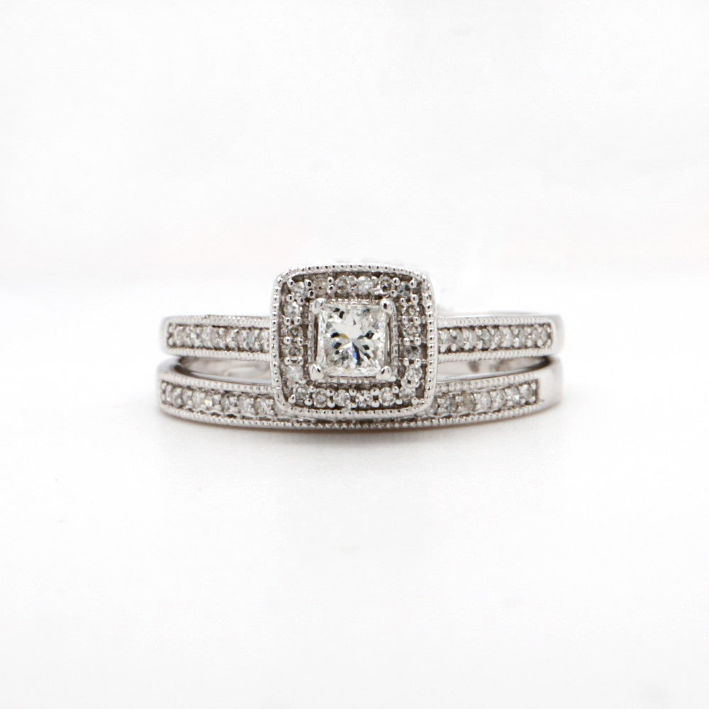 Princess Cut Halo Style Engagement Ring with Matching Band