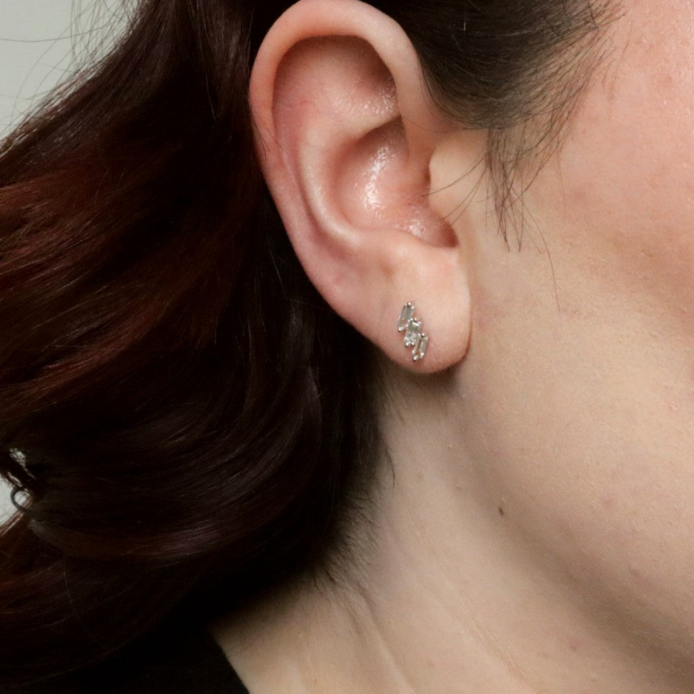 Baguette Cut Diamond Bar Earrings in ear