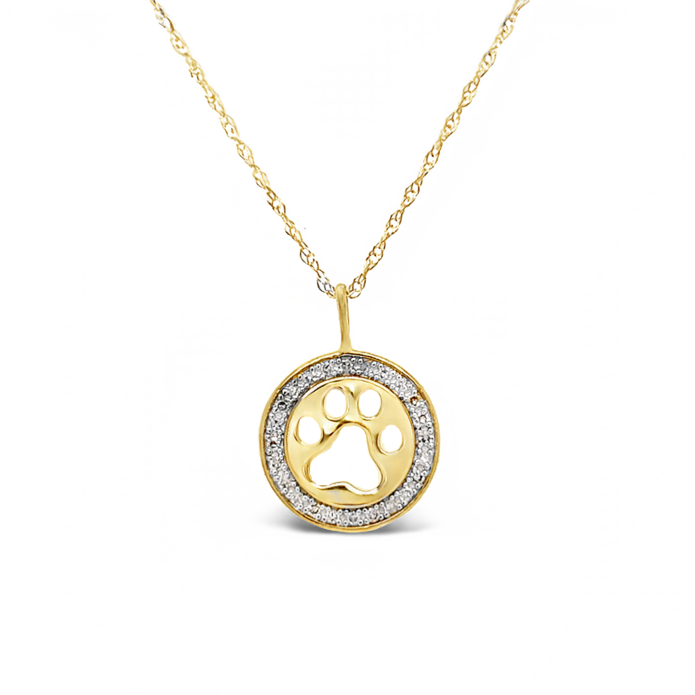 Circle Pawprint Pendant with Diamonds in yellow gold