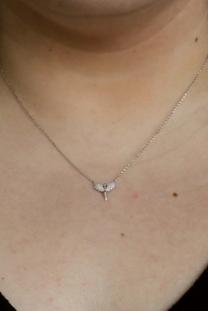White Gold and Diamond Angel Pendant on Chain on model