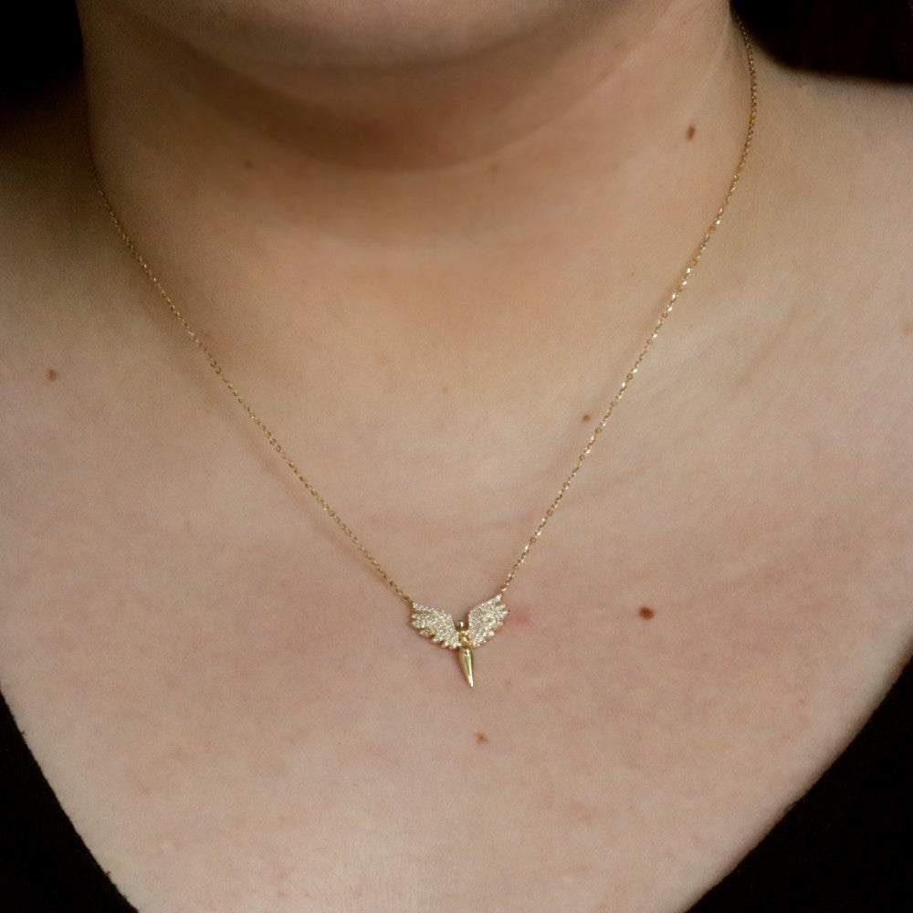 Gold and Diamond Angel Necklace on model