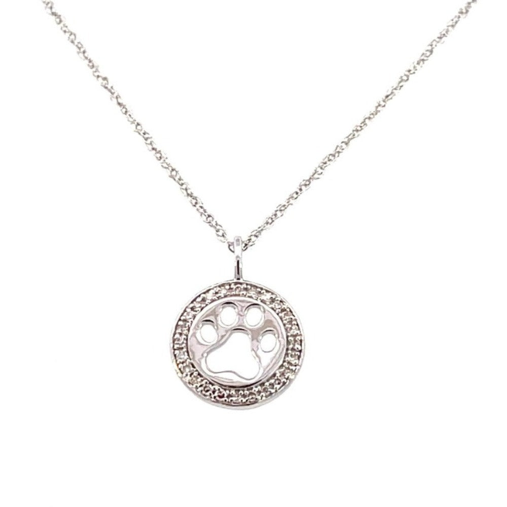 Circle Pawprint Pendant with Diamonds in white gold