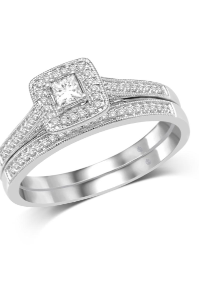 Princess Cut Halo Style Engagement Ring with Matching Band