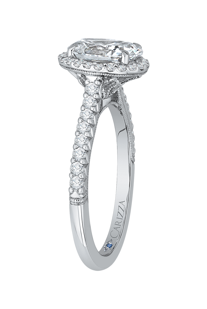 14K White Gold Oval Cut Diamond Halo Engagement Ring side view 
