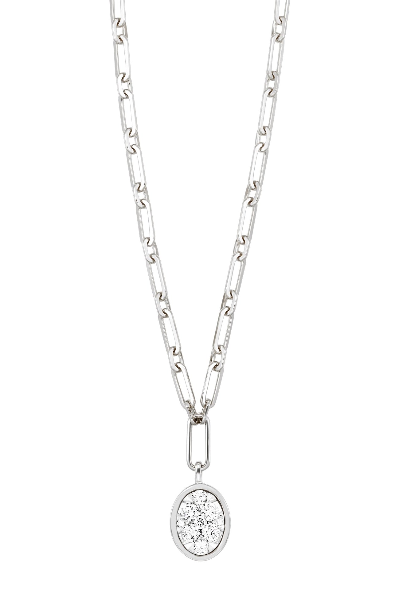 White Gold and Diamond Oval Cluster Pendant with Paperclip Chain
