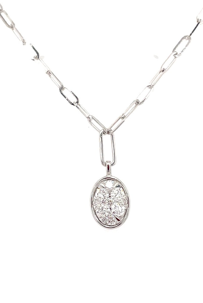 White Gold and Diamond Oval Cluster Pendant with Paperclip Chain view 2