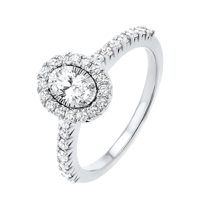oval starburst halo diamond engagement ring in 14k white gold (1ctw)