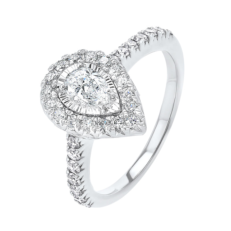 pear shape starburst halo diamond engagement ring in 14k white gold (1ctw)