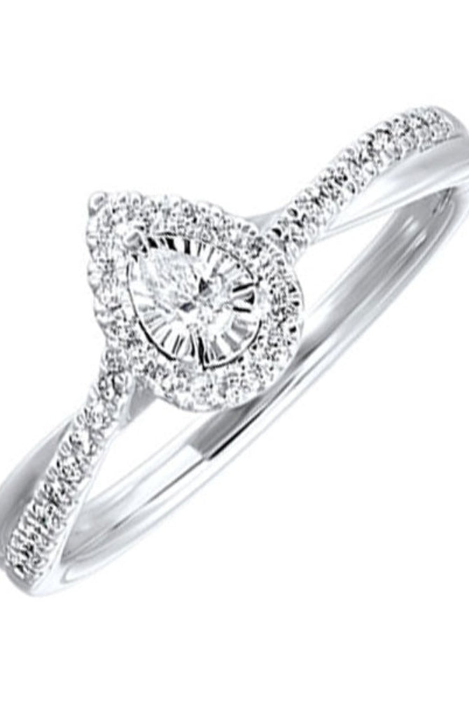 14K White Gold Pear Halo Style Engagement Ring with Twisted Shank