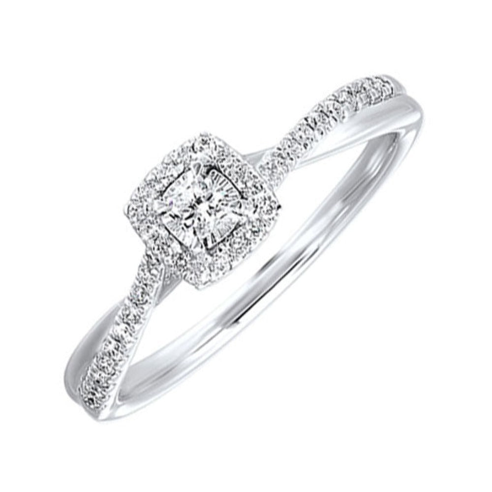 14K White Gold Square Halo Style Engagement Ring with Twisted Shank