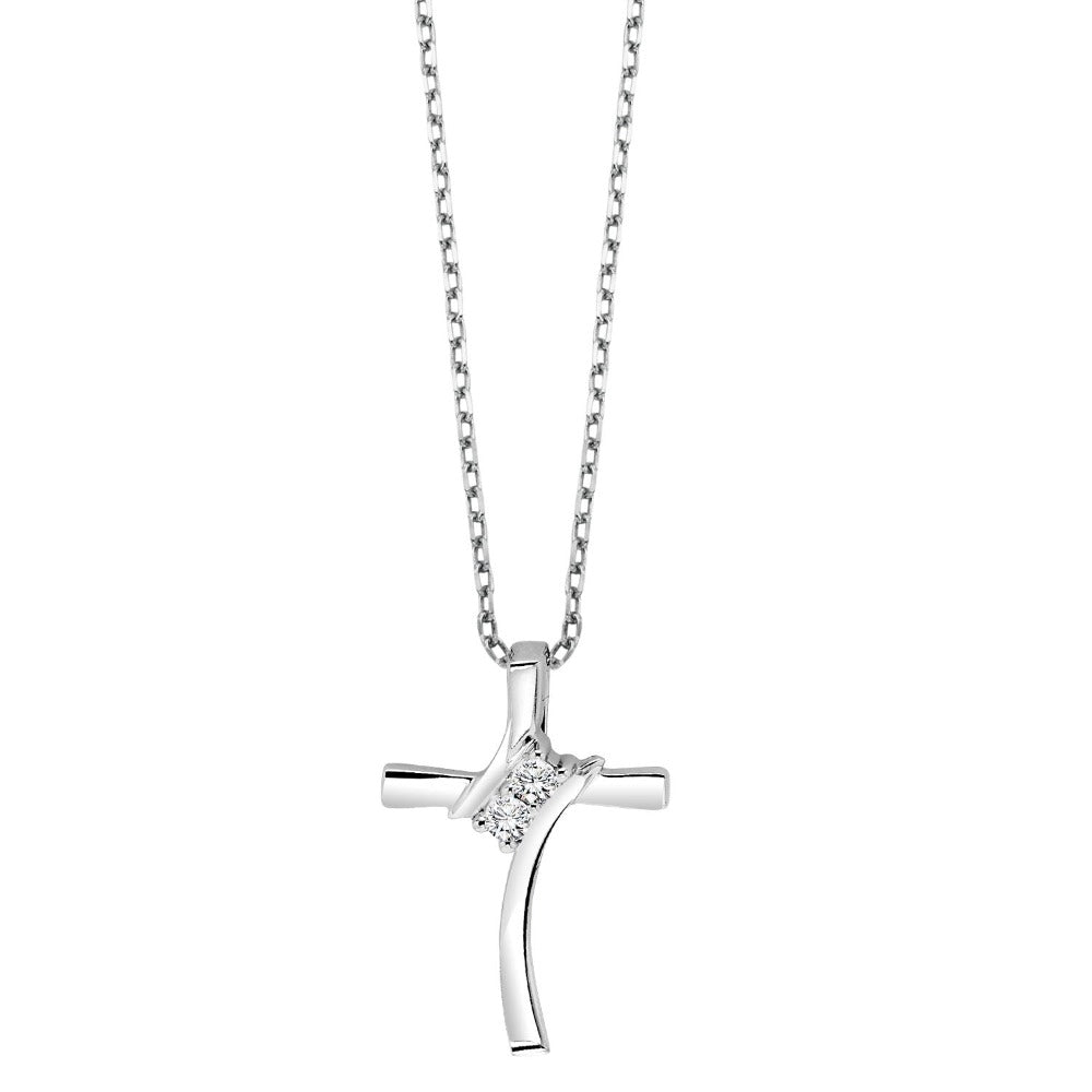 Diamond 2-Stone Cross Pendant Necklace In Sterling Silver