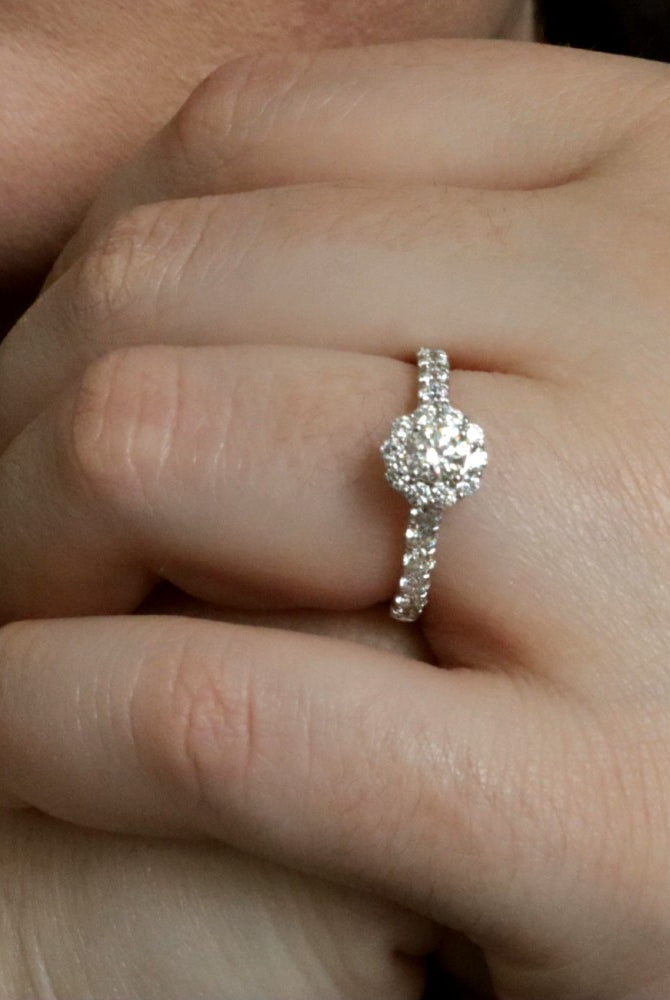 SallyK Diamond Round Halo Engagement Ring on Hand_100-00765