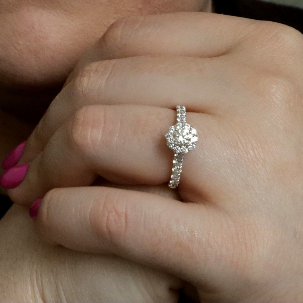 SallyK Diamond Round Halo Engagement Ring on Hand_100-00765