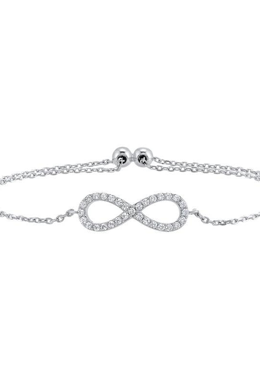 diamond infinity symbol heart charm bolo bracelet in sterling silver - adjustable

