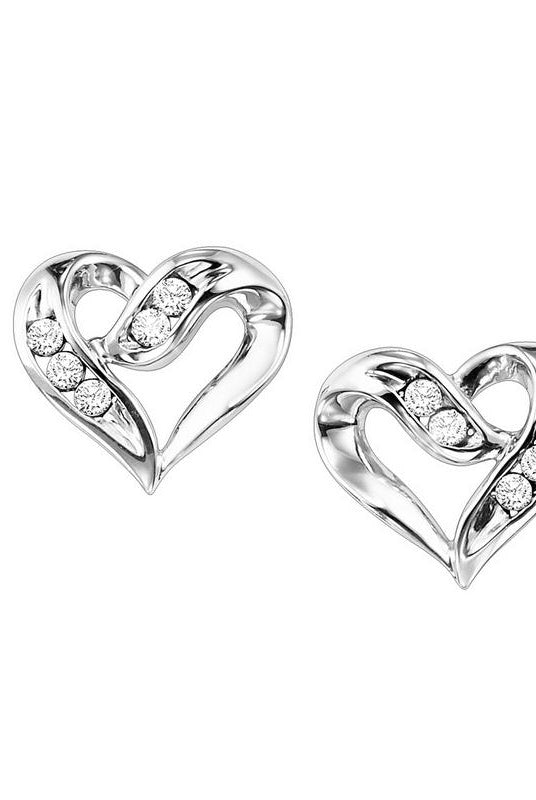 diamond open ribbon heart stud earrings in sterling silver