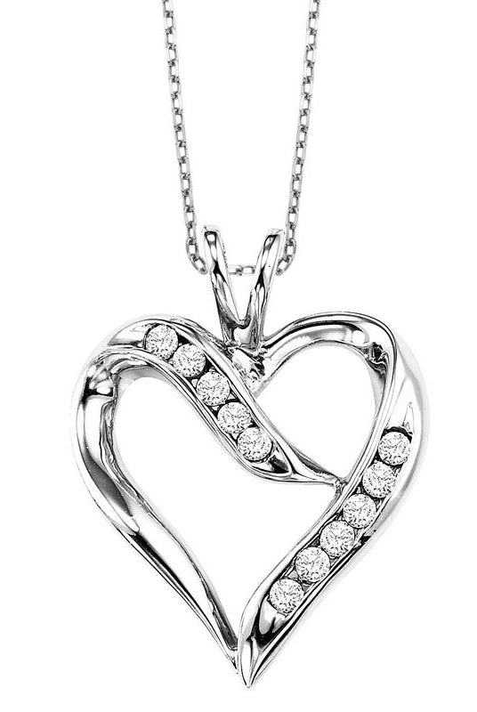 diamond open ribbon heart pendant in sterling silver