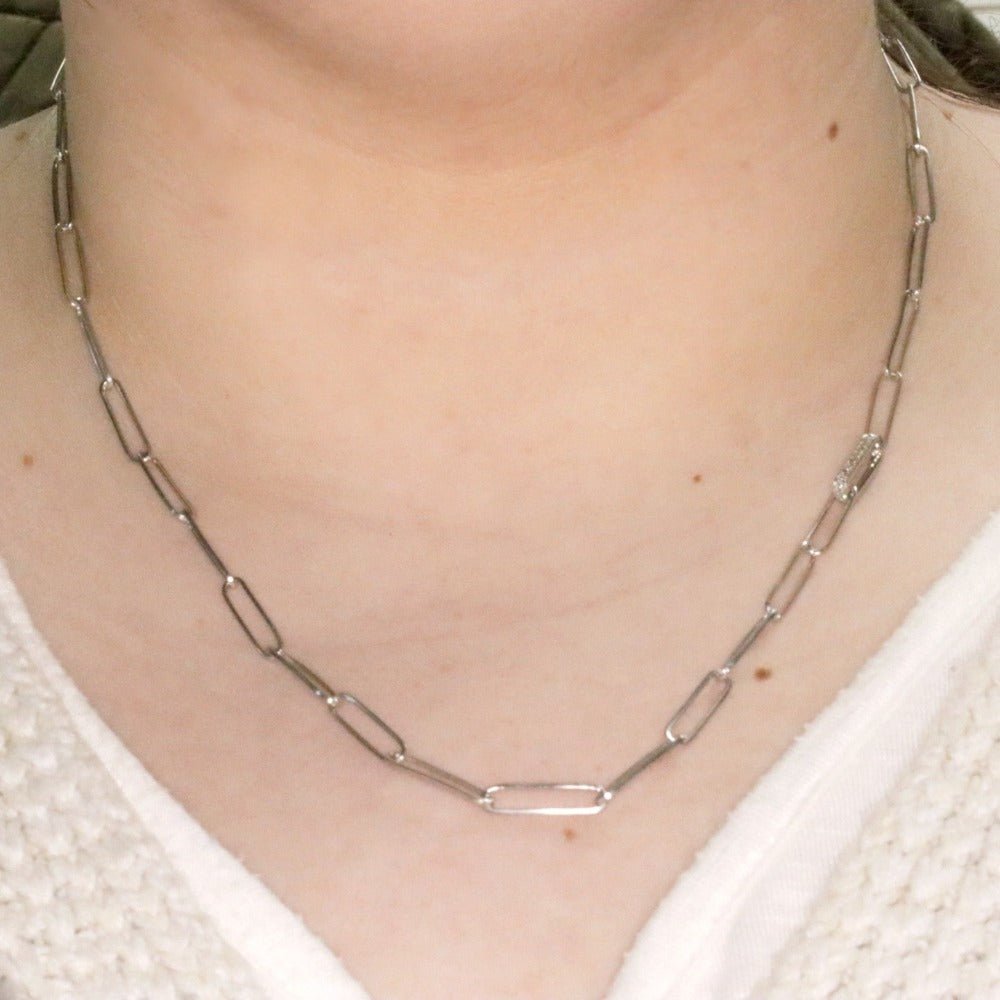 Sterling Silver and Diamond Paperclip Chain Necklace on model
